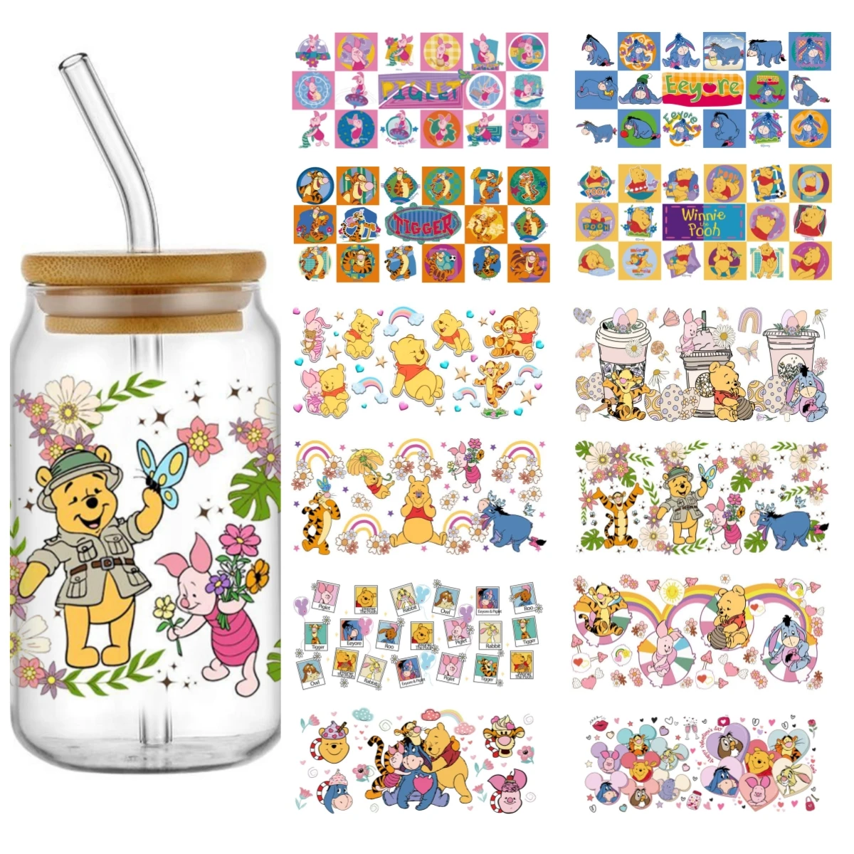 Miniso winnie bear 16oz uv dtf copo envoltório transferências dos desenhos animados libbey envoltório tumbler diy logotipo adesivo de vidro pode autoadesivo à prova dwaterproof água