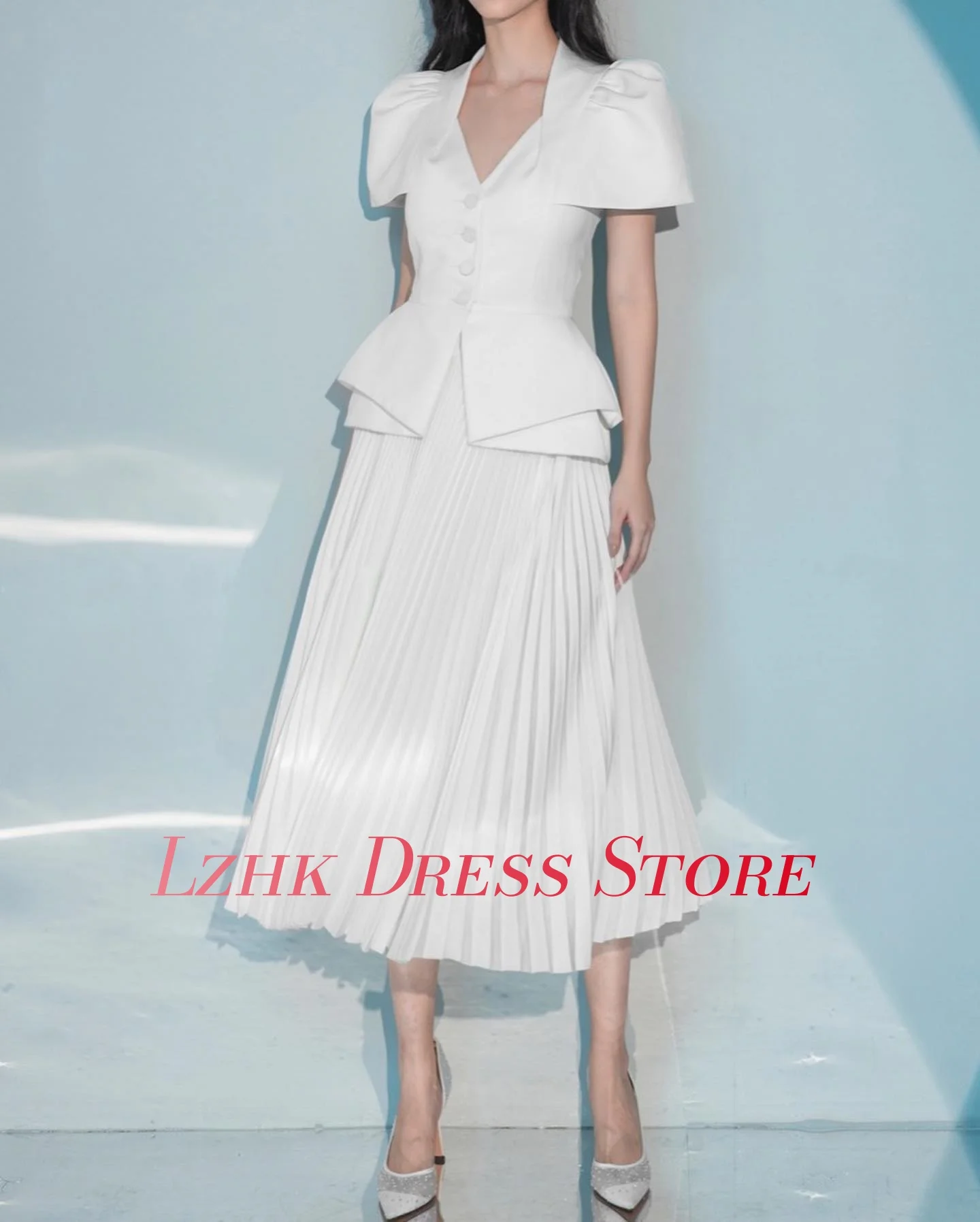 カスタマイズされたクラシックジャージーAラインボタンイブニングドレス繊細な半袖Vネックティーレングス