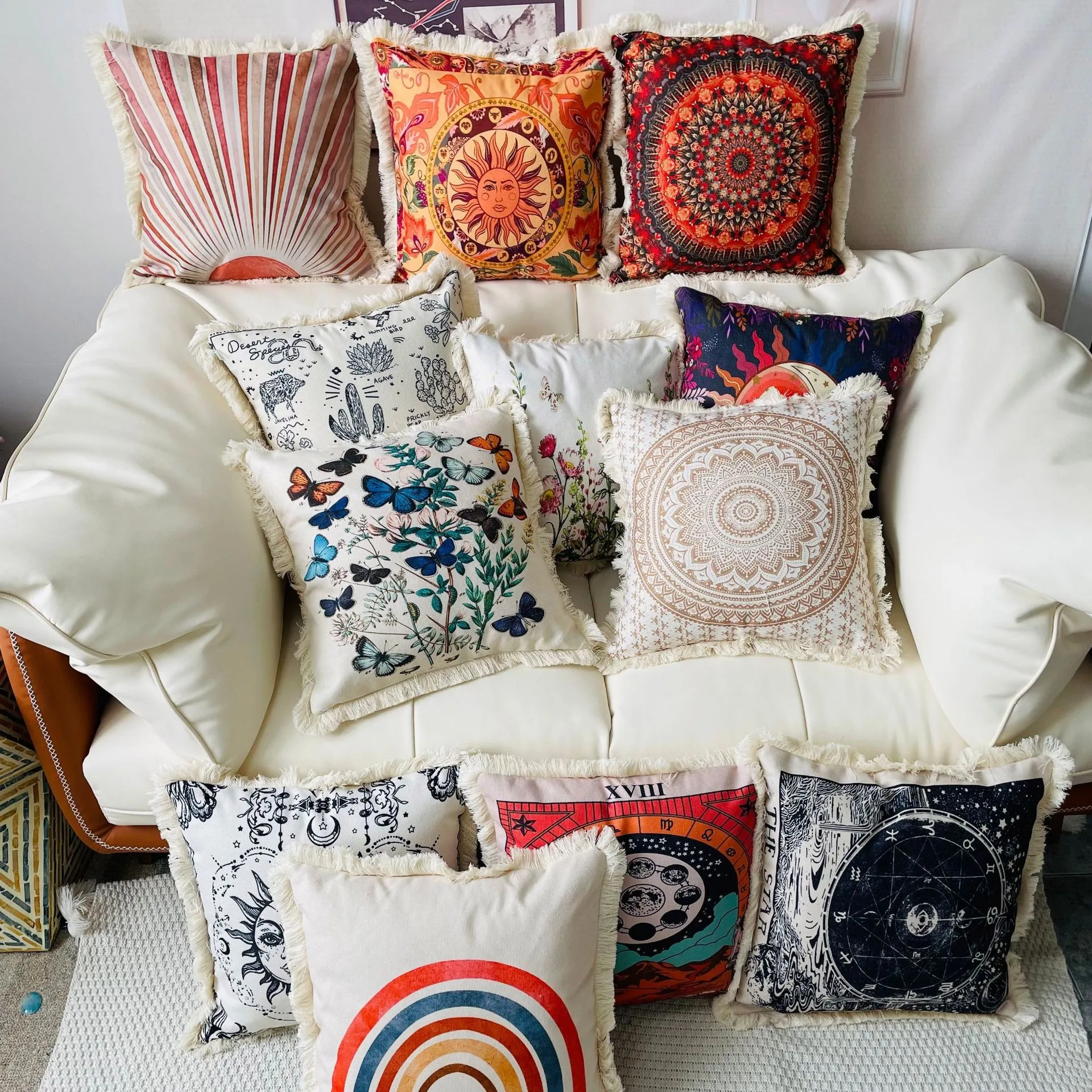 

New American Style Tassel Edge Decoration Cotton Linen Printed Pillow For Home Decoration Sofa Cushion