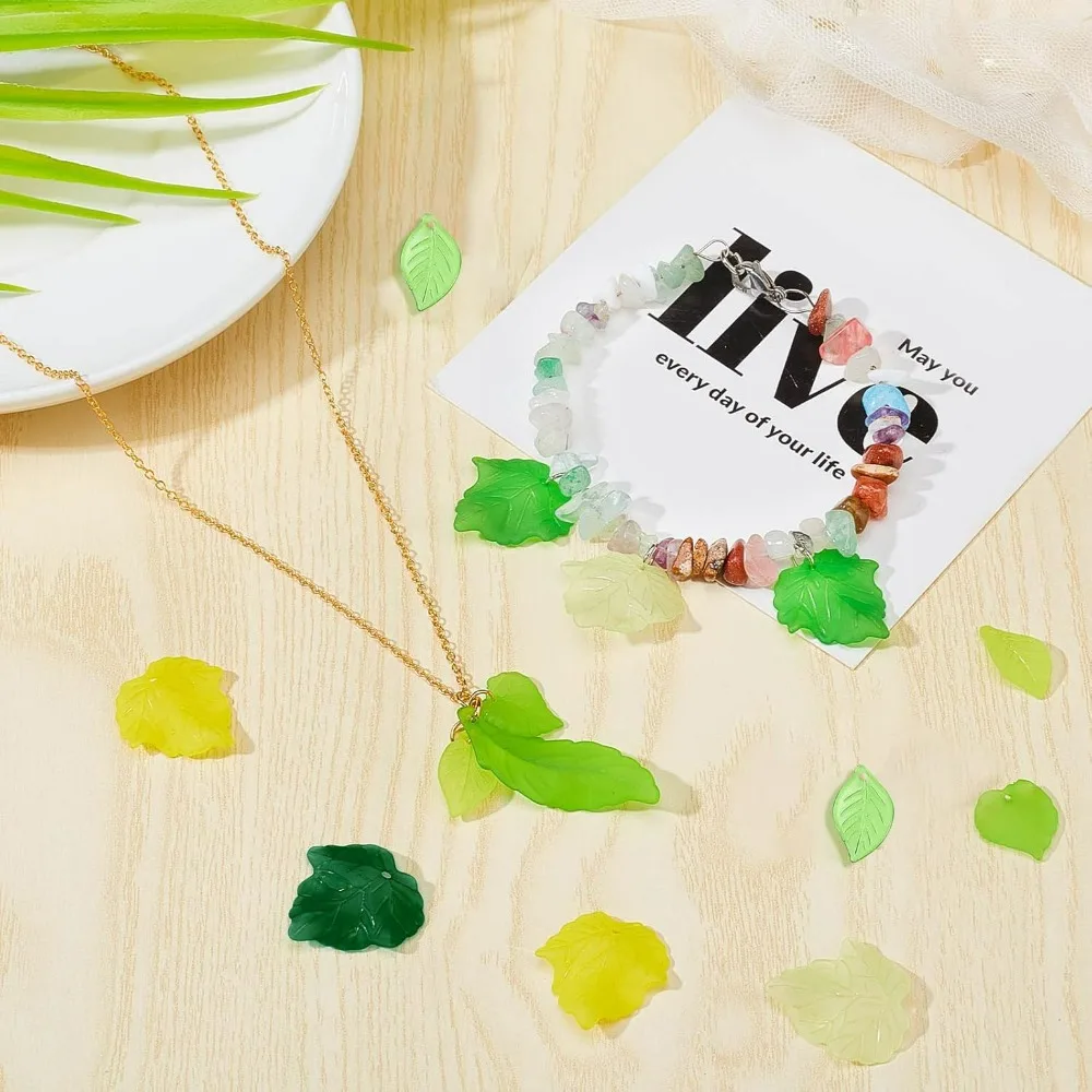 160 Pcs 8 Styles Acrylic Leaves Green Acrylic Leaf Charms Frosted Leaves Beads Maple Leaf Pendants for Earring Necklace kit