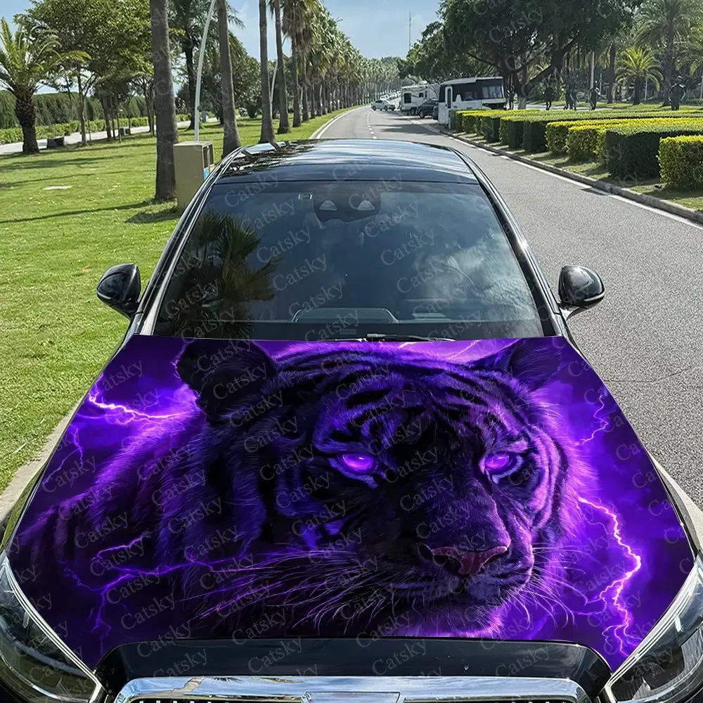 Purple Electric Black Tiger Car Hood Stickers, Waterproof Car Vinyl Packaging Suitable For Most Vehicles, Car Hood Protective Fi