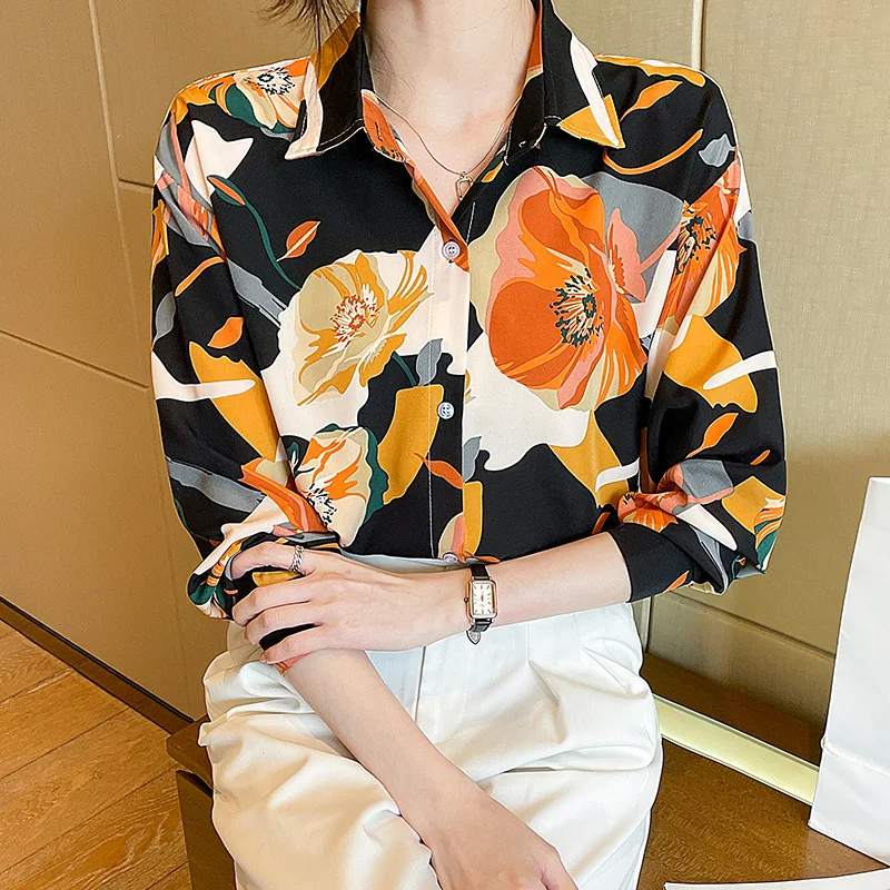 

Camisas Y Blusas Floral Chiffon Tops and Shirts for Women Long Sleeve Korean Style Office Work Blouses Dressy Trendy Streetwear