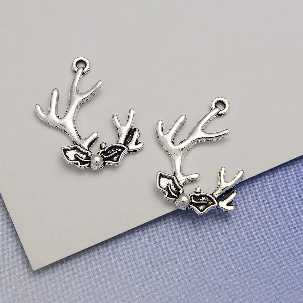 20pcs/Lots 18x26mm Antique Christmas Reindeer Charms Antler X-mas Flower Pendant For DIY Jewelry Making Supplies Accessories