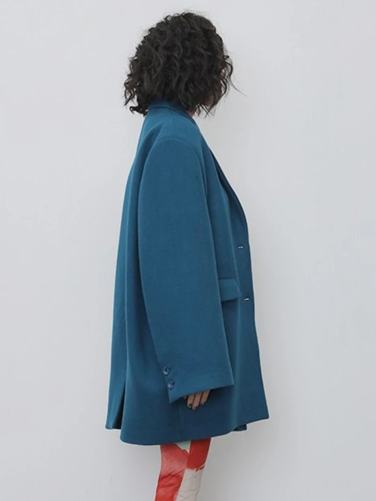 [EAM] Blue Belted Big Size Elegant Woolen Coat New Lapel Long Sleeve Women Jacket Fashion Tide Autumn Winter 2024 1DH7224