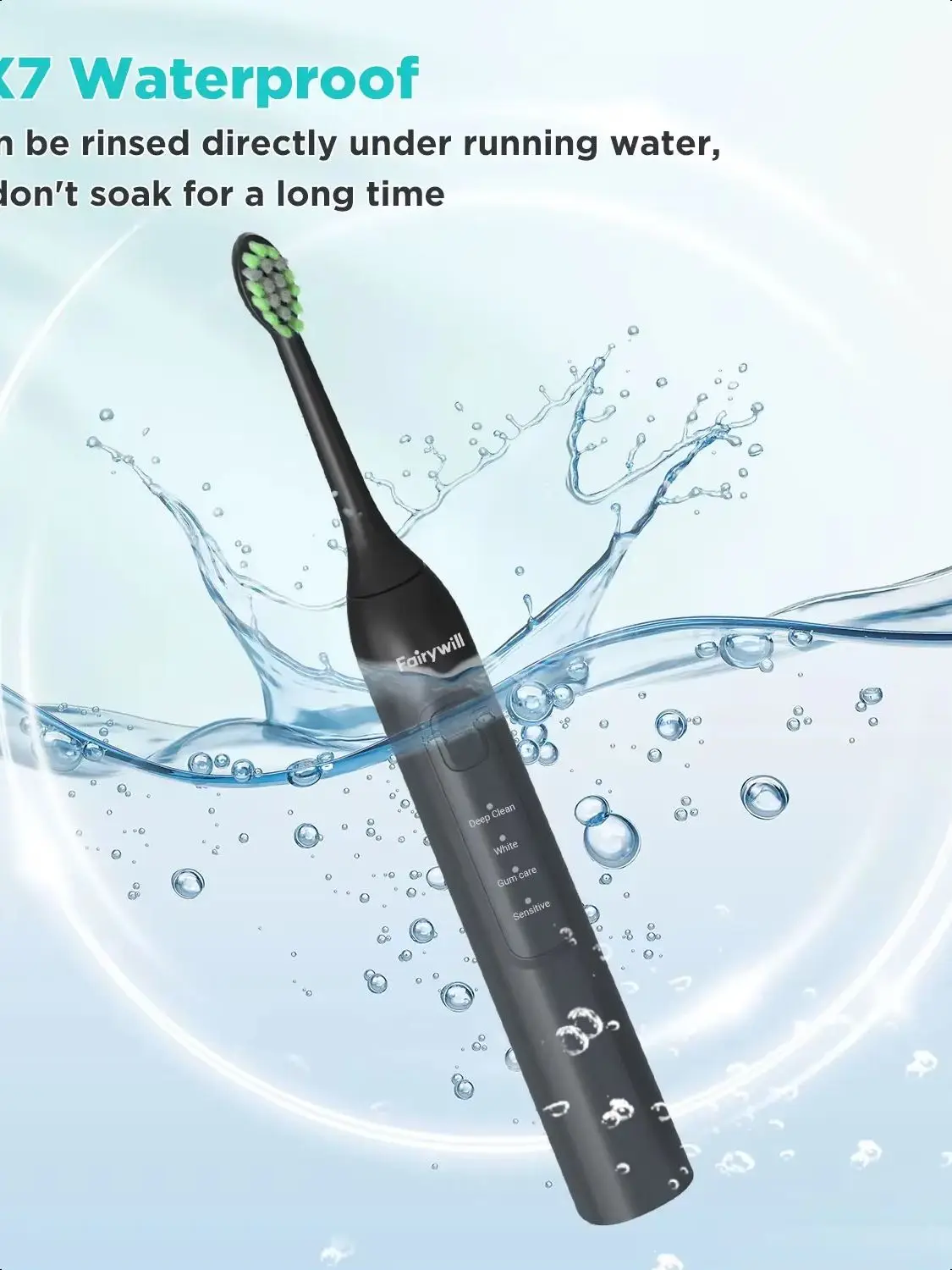 Fairywill فرشاة أسنان كهربائية بالموجات الصوتية USB تهمة FW-Y05 قابلة للشحن مقاوم للماء فرشاة الأسنان الإلكترونية استبدال رؤساء الكبار T