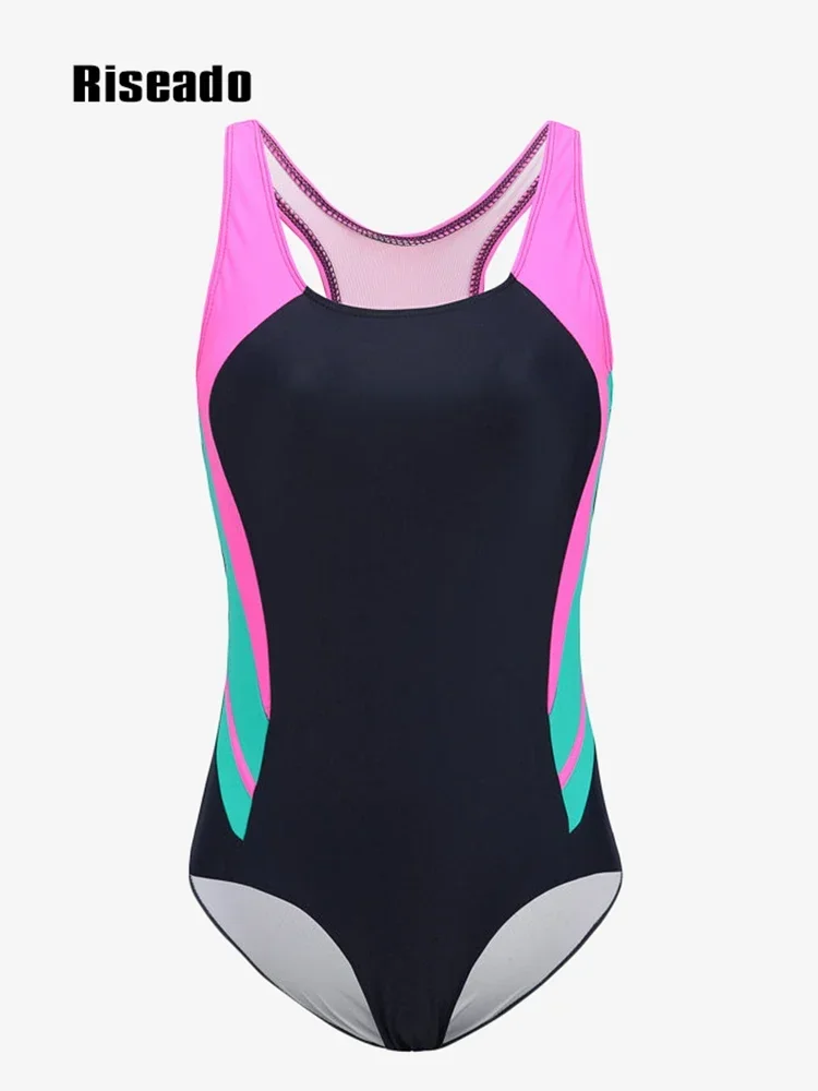 Riseado Patchwork One Piece Swimsuit Women Swimwear Racerback Bodysuit Sports Swimming Suit For Women Competitive Beachwear