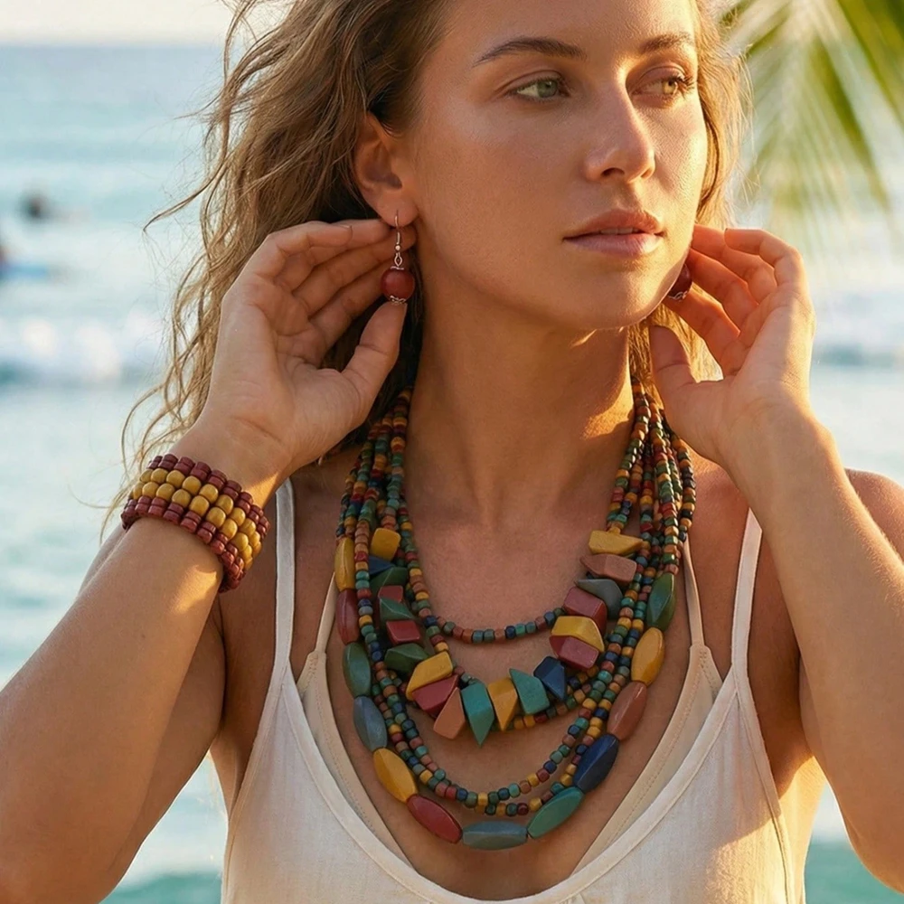 Bohemian Irregular Geometric Wooden Beaded Multi-layer Necklace Earring Bracelet Jewelry Set For Woman Beach Holiday Accessories