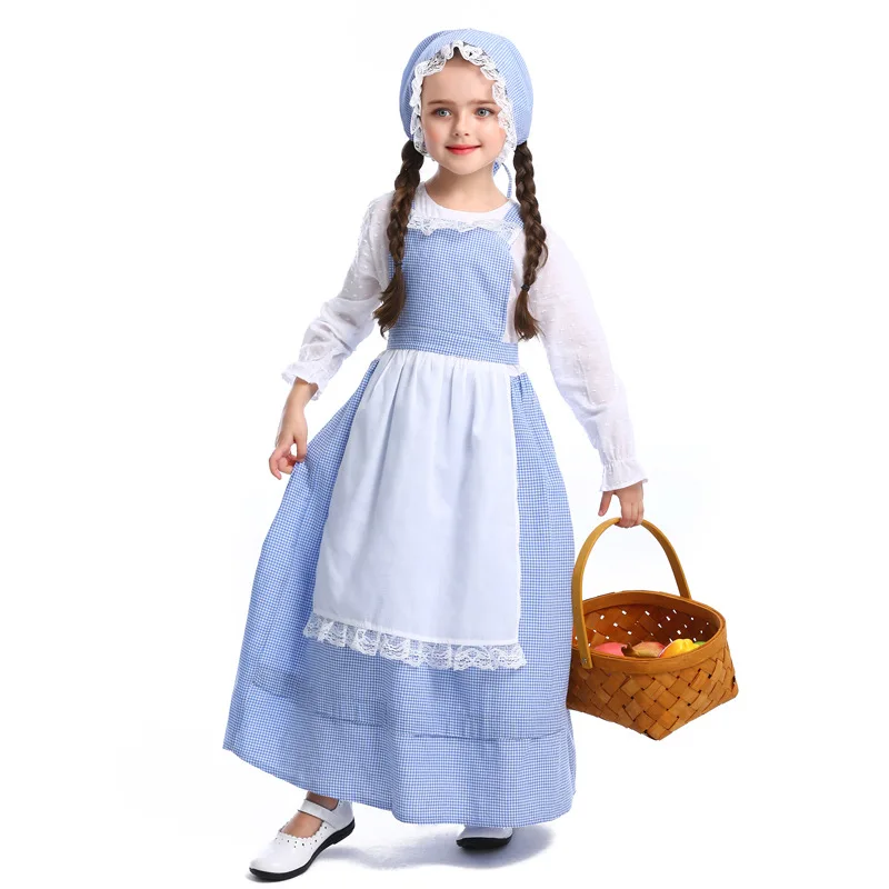 Children Girls Maid Dress Cosplay Dorothy Wizard Dress Drama Stage Performance Outfit Pastoral Style Blue In Wonderland Costume