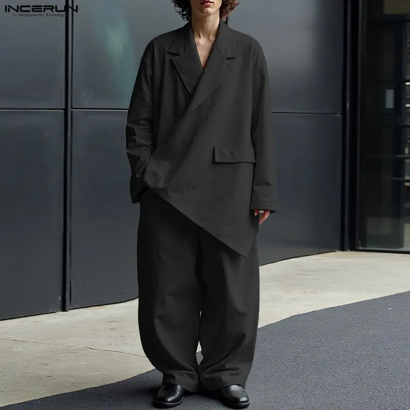 INCERUN الرجال مجموعات بلون التلبيب كم طويل السترة والسراويل قطعتين مجموعات الشارع الشهير فضفاض موضة الرجال الدعاوى غير رسمية S-5XL