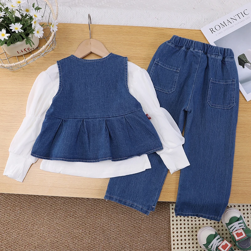 Girls Denim Vest 3 Piece Outfit Set Lace Bow Puff Sleeve White Top Jeans Toddler Kids Fall Clothes Cotton 100-140