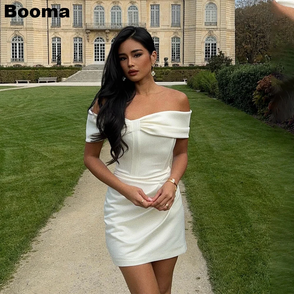 

Booma White Simple Short Wedding Party Dresses Off Shoulder Pleated Brides Dress after Wedding Prom Gown for Women Evening Dress