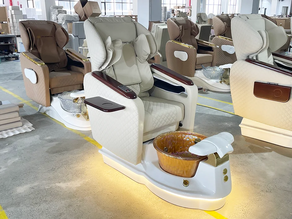 Massage-Pediküre-Spa-Stuhl mit Fußwanne, Holzarmlehne, verstellbarer Maniküre-Fußpflege-Liege, LED-Lichtbasis, Salon-Nagelstudio-Ausstattung – Detail 14