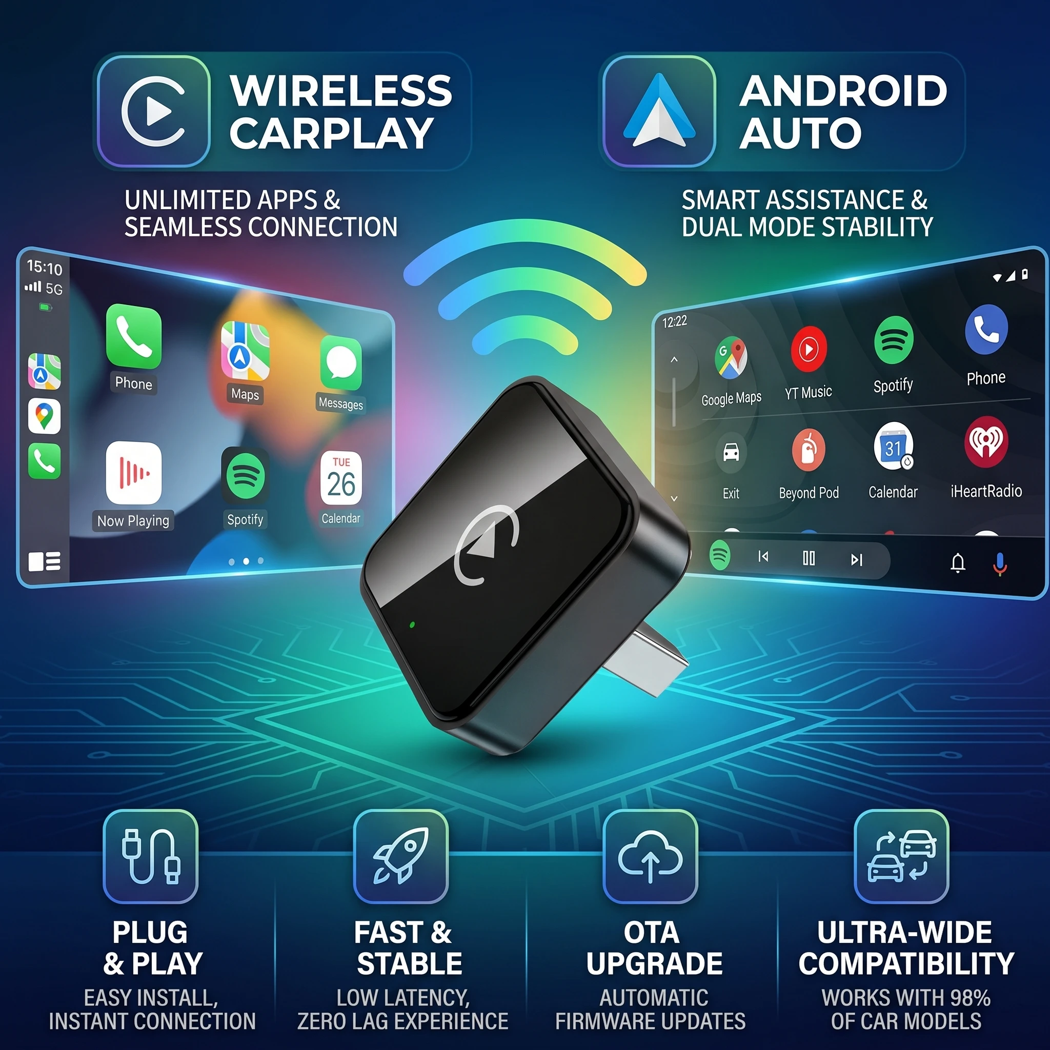 Mini 2 In 1 Smart Wireless CarPlay Adapter, Universal Android Auto Dongle for Car Entertainment System, Portable Lightweight Hid