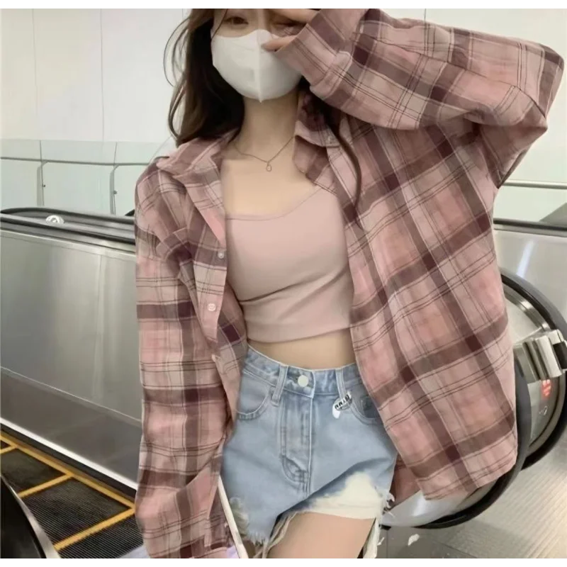 Karierte Hemdjacke mit POLO-Kragen, neues mittellanges Langarm-Oberteil für Damen