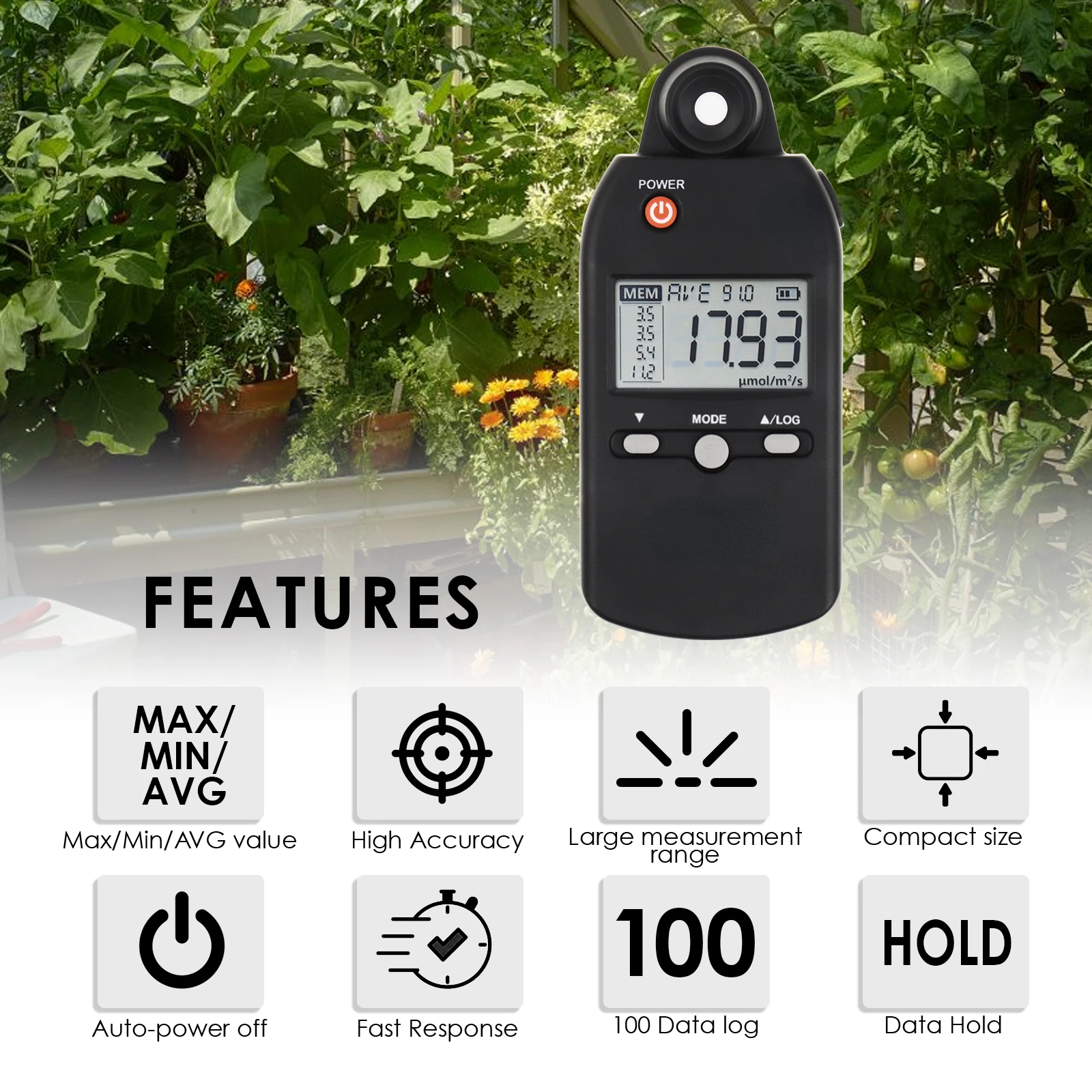 Advanced Digital PAR Meter Light Intensity Full-Spectrum Quantum PPFD Tester Indoor & Outdoor Plant Photosynthetic Activity