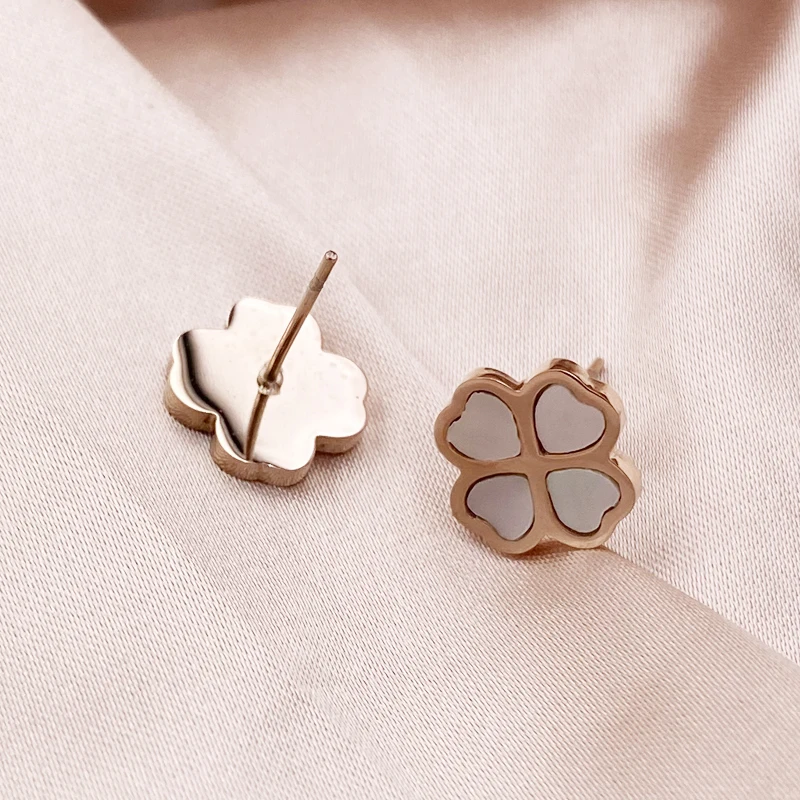 Four Leaf Clover Shell Plate Piercing Stud Earrings Surgical 316 Stainless Steel Silver Rose K Gold Color Jewelry For Women Girl