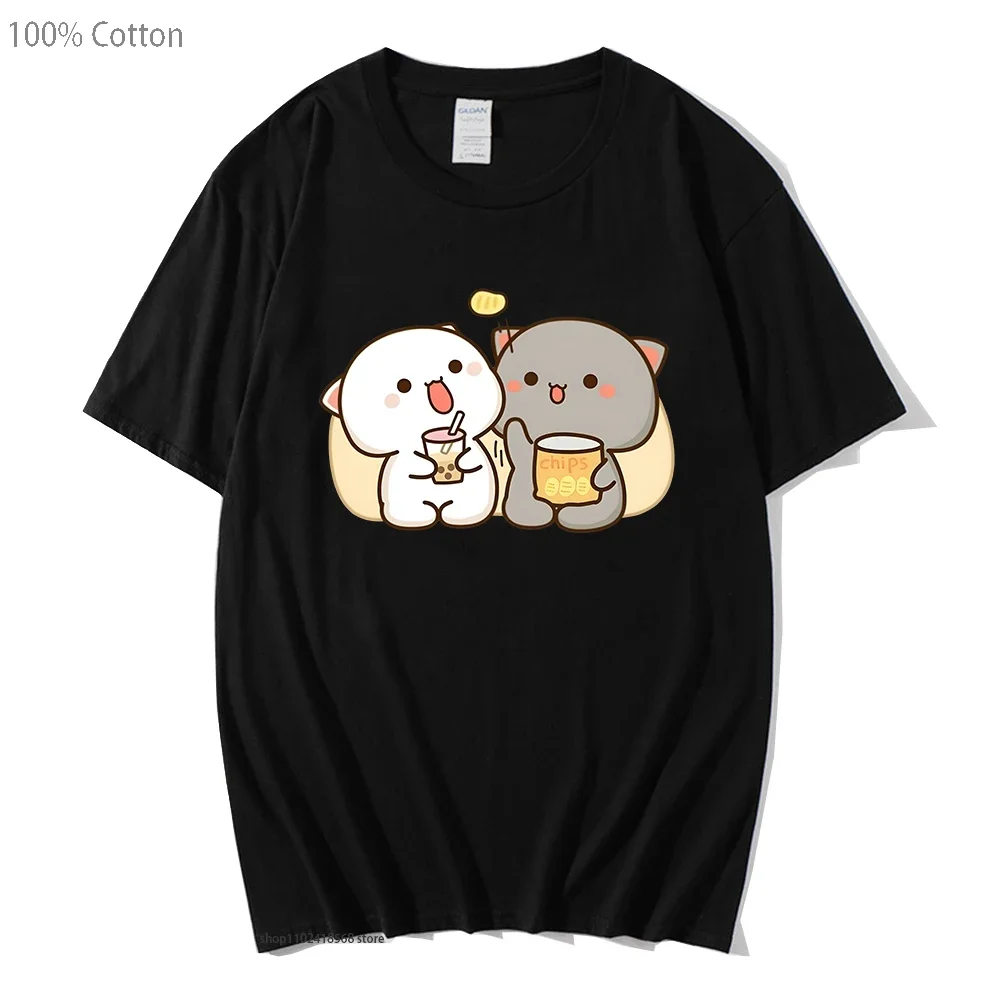 Mochi Peach Cat T-Shirts Kawaii Clothing Bubble Tea Graphic Tshirts 100% Cotton Casual Camisetas De Muje Tops Streetwear Women