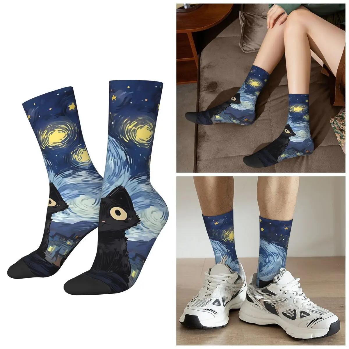 

Всесезонные носки с черным котом под звездами, художественные носки, носки в стиле Харадзюку, чулки высокого качества для мужчин и женщин, подарки