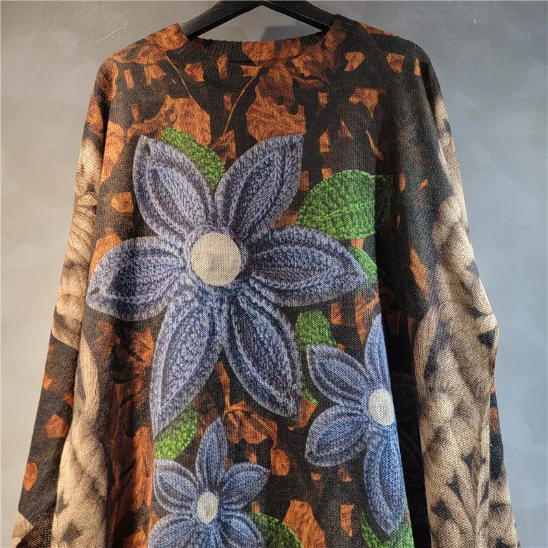 WTHT mode femmes épissé fleur irrégulière imprimé pull en tricot 2025 été à la mode col rond à manches longues pulls femme 1LS1392