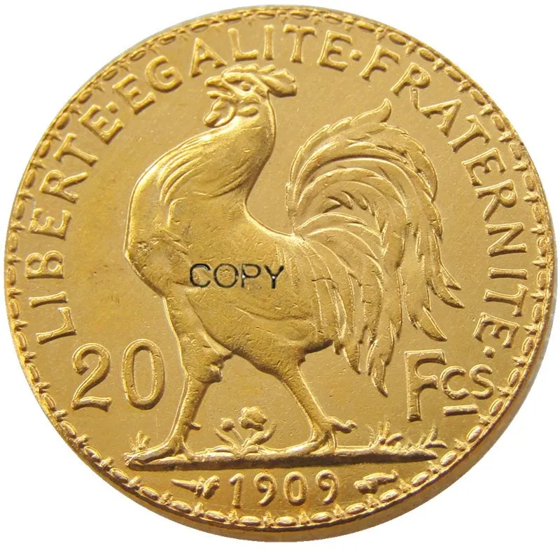 

1909 г., Франция, 20 франков, позолоченная копировальная монета петуха