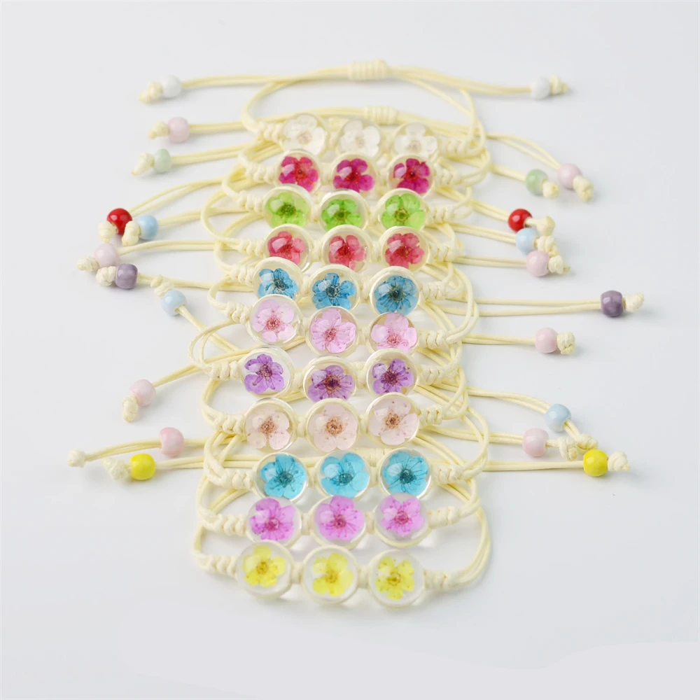 Pulseras de flores de cerezo secas hechas a mano, bolas de cristal, dijes de flores secas, regalos de múltiples opciones, joyería de tejido de flores naturales, nuevas