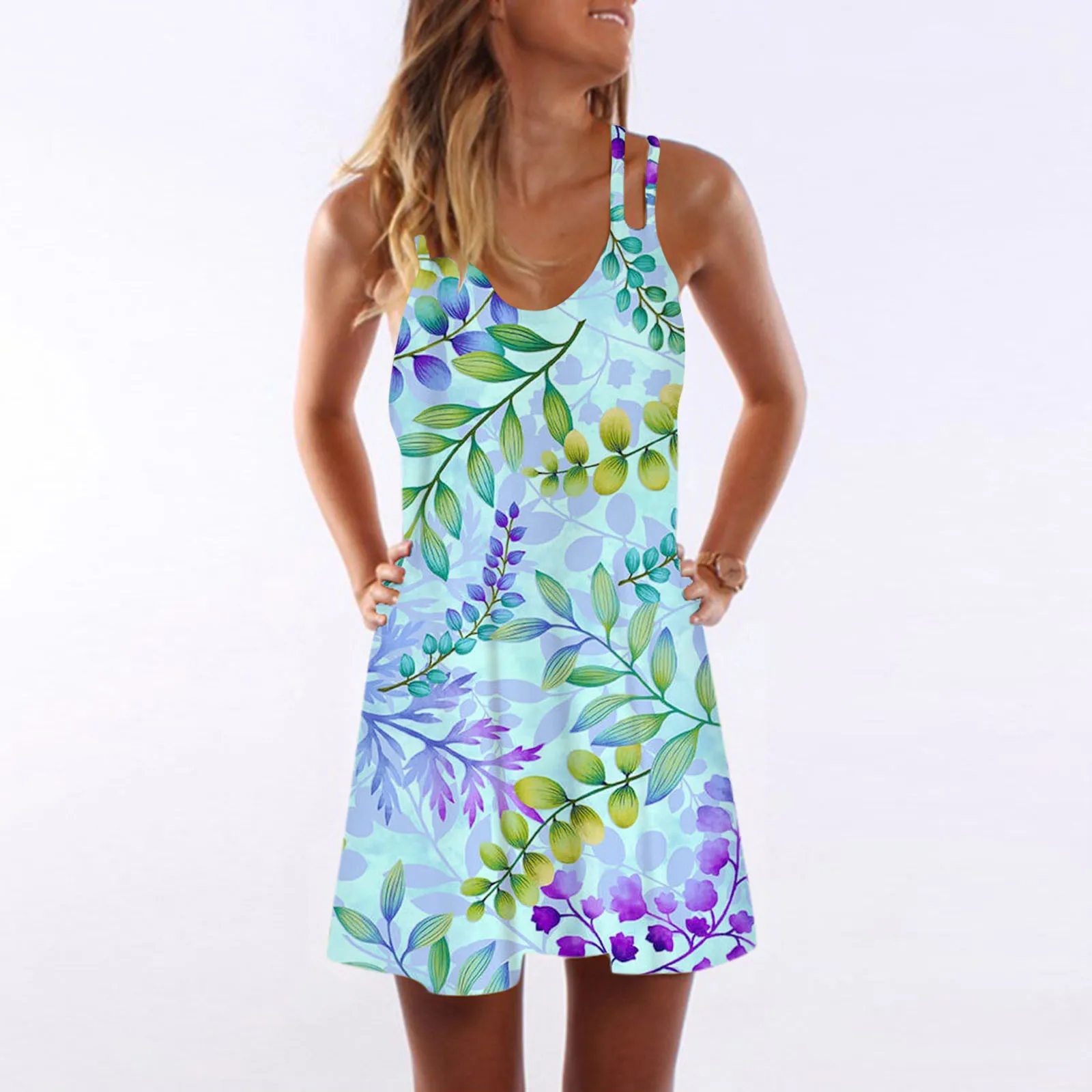 

Women's Summer Bohemian Beach Sling Dress U-Neck Sleeveless Loose Fit Dress Female Fashion Printed Backless Dresses Holiday