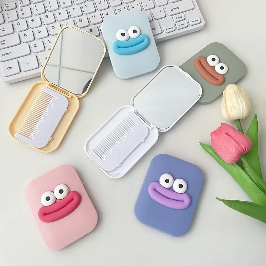 1pc Sausage Mouth Makeup Mirror with Comb Creative Portable Cartoon Mouth Dressing Mirror Funny Folding Flip Small Mirror Women