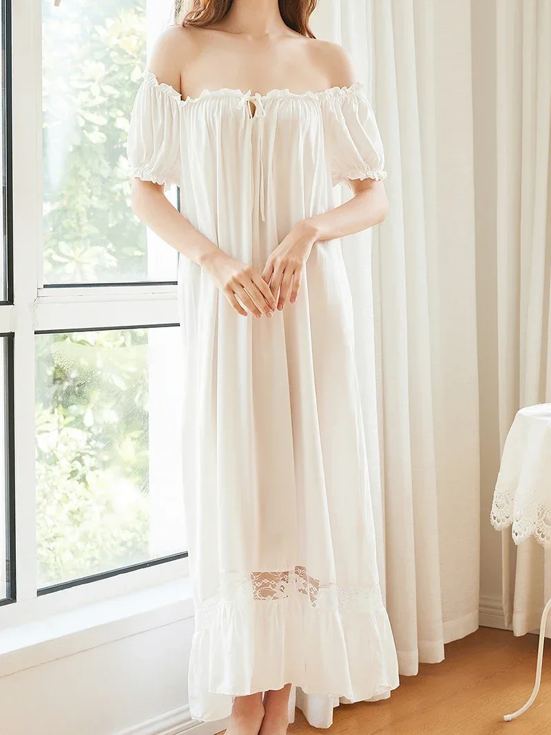 Women Cotton Nightdress White Ruffles Lace-up Short Sleeve Loose Peignoir Vintage Princess Victorian Lolita Fairy Sleepwear