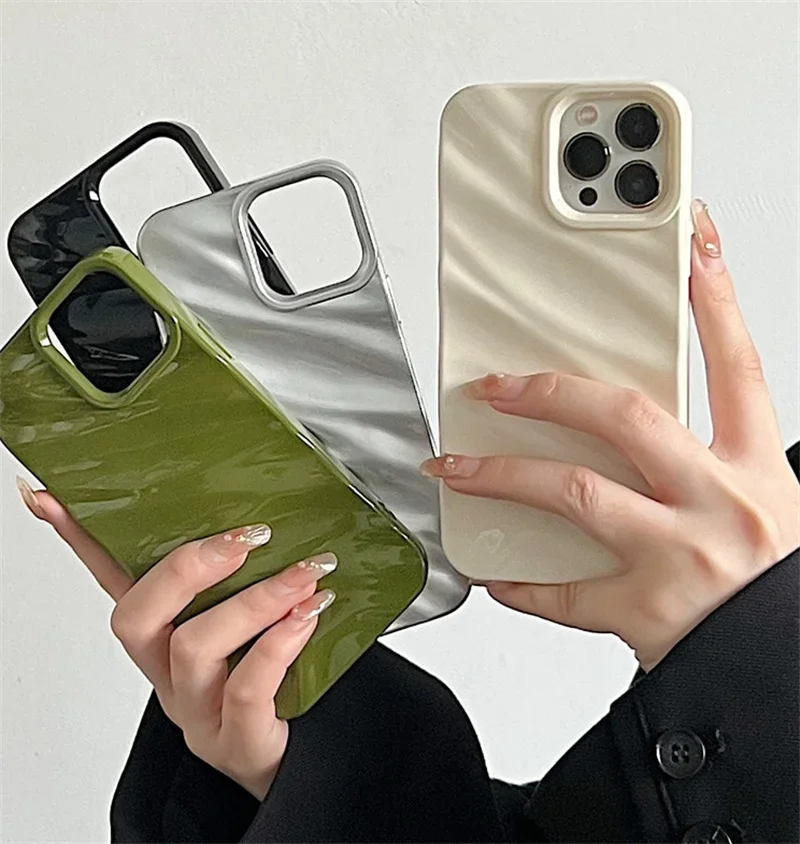 Luxury 3D Silk Wavy Pattern Phone Case For iPhone 15 14 13 12 11 Pro Max X XR XS Max 14 Plus Solid Color Glossy Cover Bumper