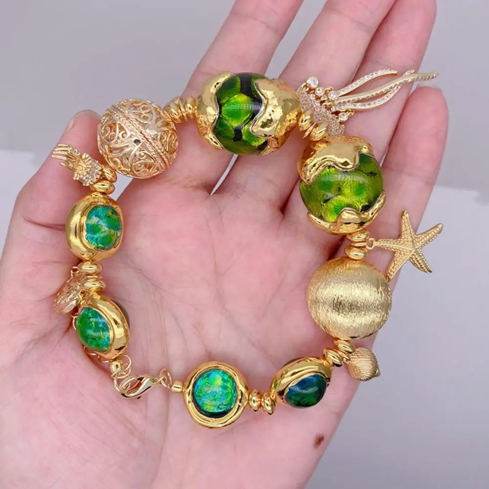 Y·YING Green Murano Glass White Pearl Gold Plated Charm Beaded Bracelet Handmade Fashion Jewelry image 3