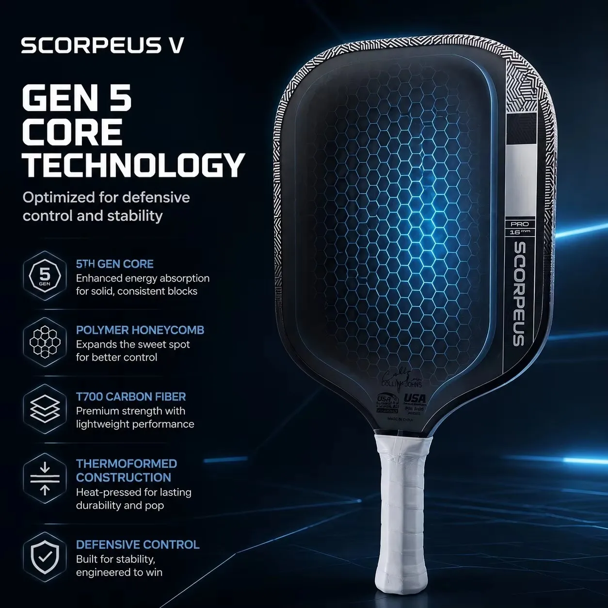 WNONSO Scorpeus V Carbon Fiber Pickleball Paddle, Optimized Sweet Spot, High Forgiveness to Reduce Mishits, Tournament-Grade