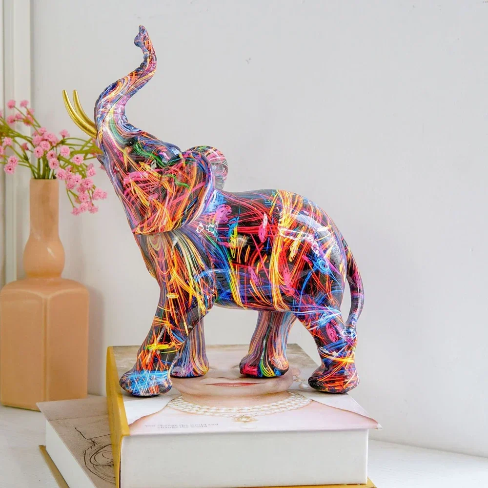 Colorful Painting Elephant Art Sculpture Figurine Creative Graffiti Elephant Resin Statue Crafts Home Porch Garden Desktop Decor