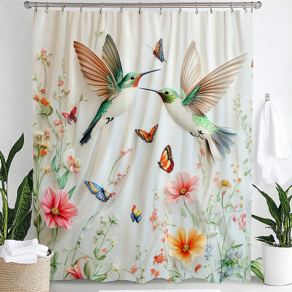 1pc Colorful Flowers and Birds Print Waterproof Shower Curtain Partition Privacy Hanging Curtain with 12 Hooks Machine Washable
