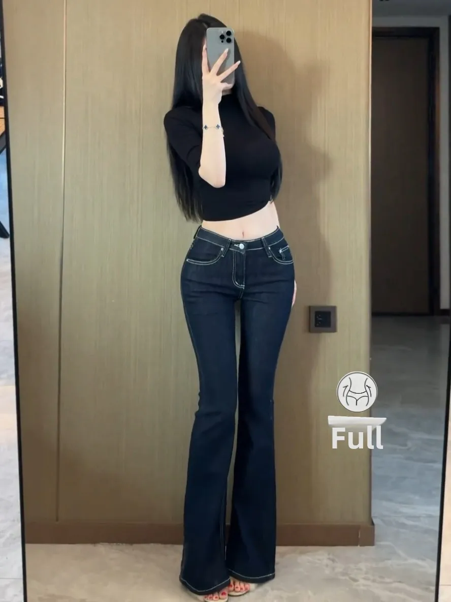 

Джинсы женские с высокой талией, облегающие, микро-клеш, с эффектом подтяжки бедер, визуально удлиняющие, с накладками для коррекции бедер