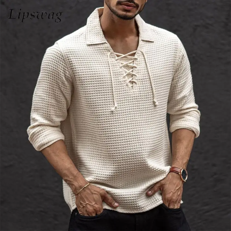 

Стильные мужские вязаные рубашки поло 2026, весна-осень, повседневные свитера с лацканами на шнурке, мужские винтажные однотонные вязаные поло, свитер