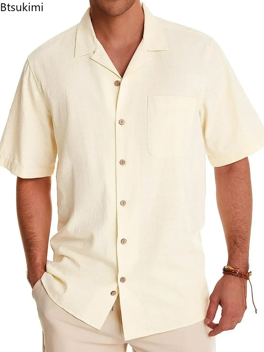 New2025, camisa informal lisa de verano para hombre, moda de manga corta con solapa, Tops simples transpirables, cárdigan cómodo, blusa holgada para playa para hombre