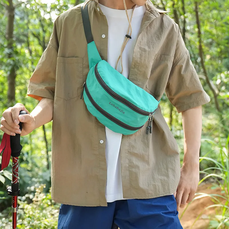Tas Pinggang Olahraga Luar Ruangan Nilon Tahan Air Musim Panas Baru dengan Tas Selempang Warna Kontras untuk Pria dan Wanita