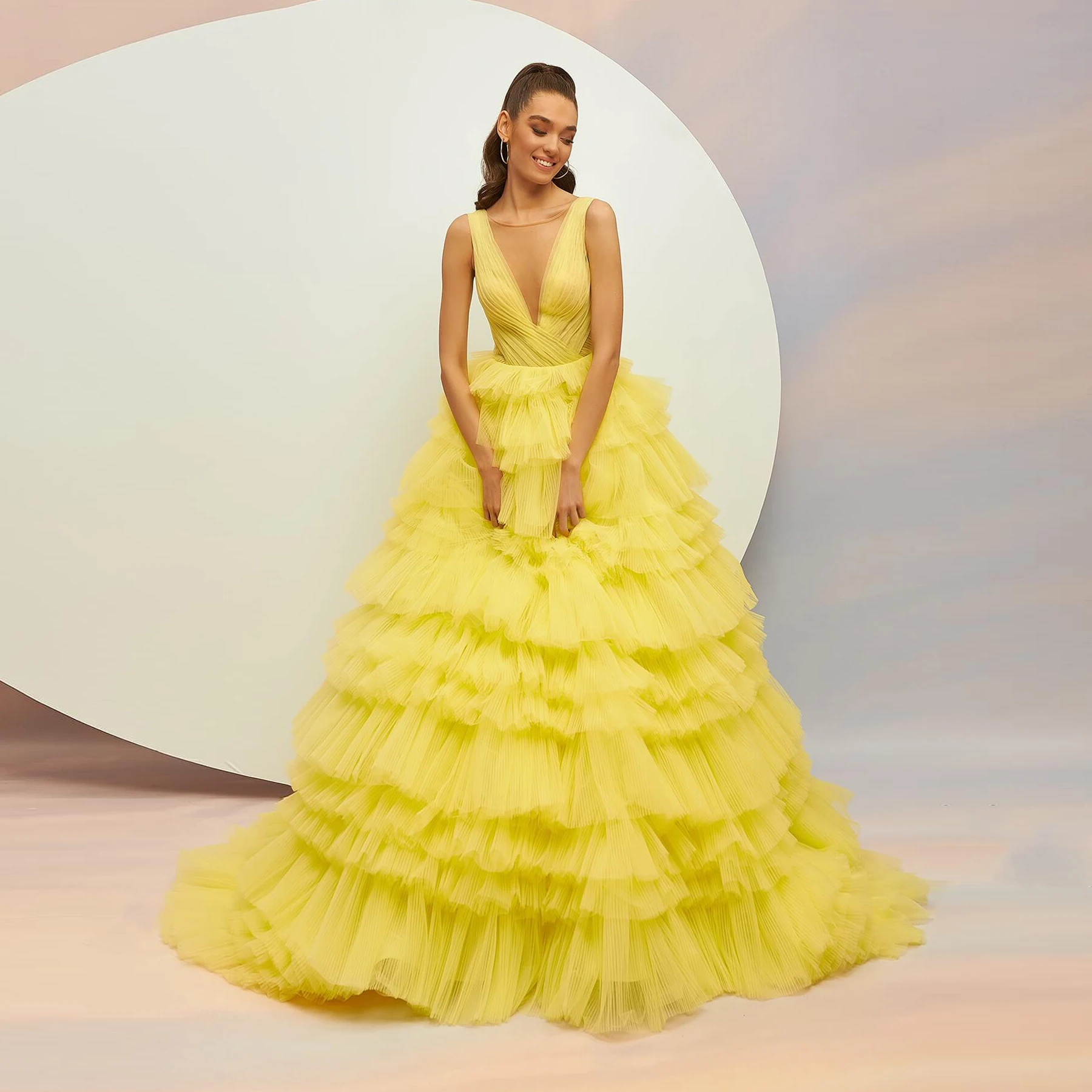 Stunning Yellow Ball Gown Prom Dresses Sleeveless V Neck Tiered Tulle Formal Occasion Dress vestidos para mujer Custom Made