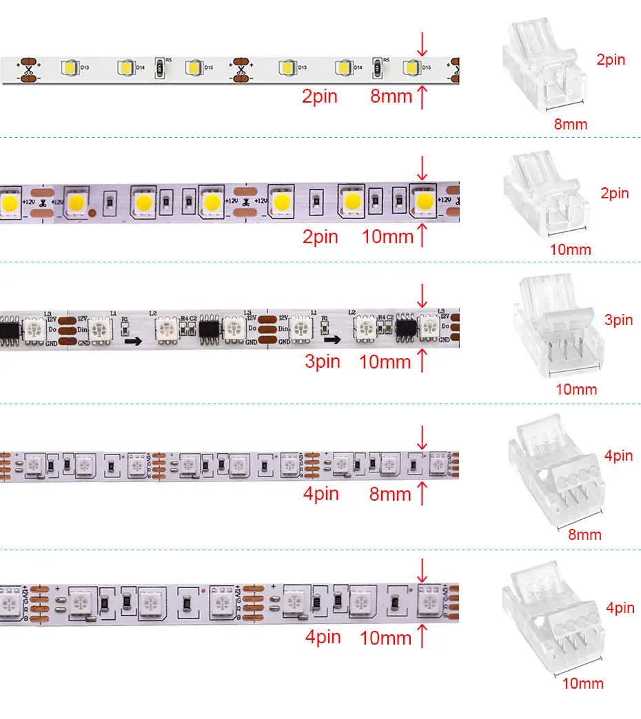 5Pcs/lot Solderless Connector 2 3 4 Pin 8mm 10mm For Led Strip Single Color RGB RGBIC Neon Light Quick Connectors Accessories