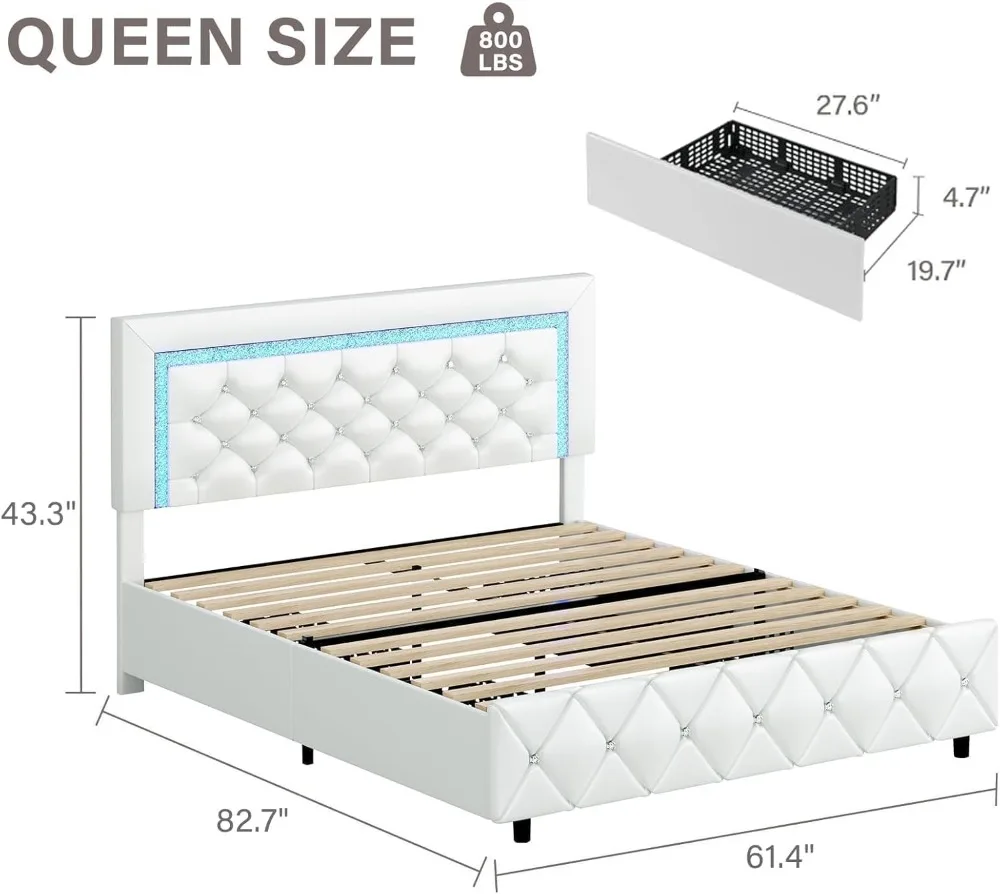 إطار سرير كوين LED مع أدراج تخزين، سرير بمنصة منجدة مع لوح رأسي ماسي، لا حاجة إلى صندوق زنبركي