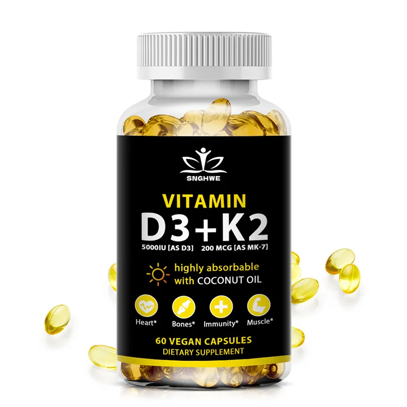 Vitamin D3 K2 Capsules Daily Supplement Natural Coconut Oil  Healthy Immune System Heart and Bones Vegetarian Supplements