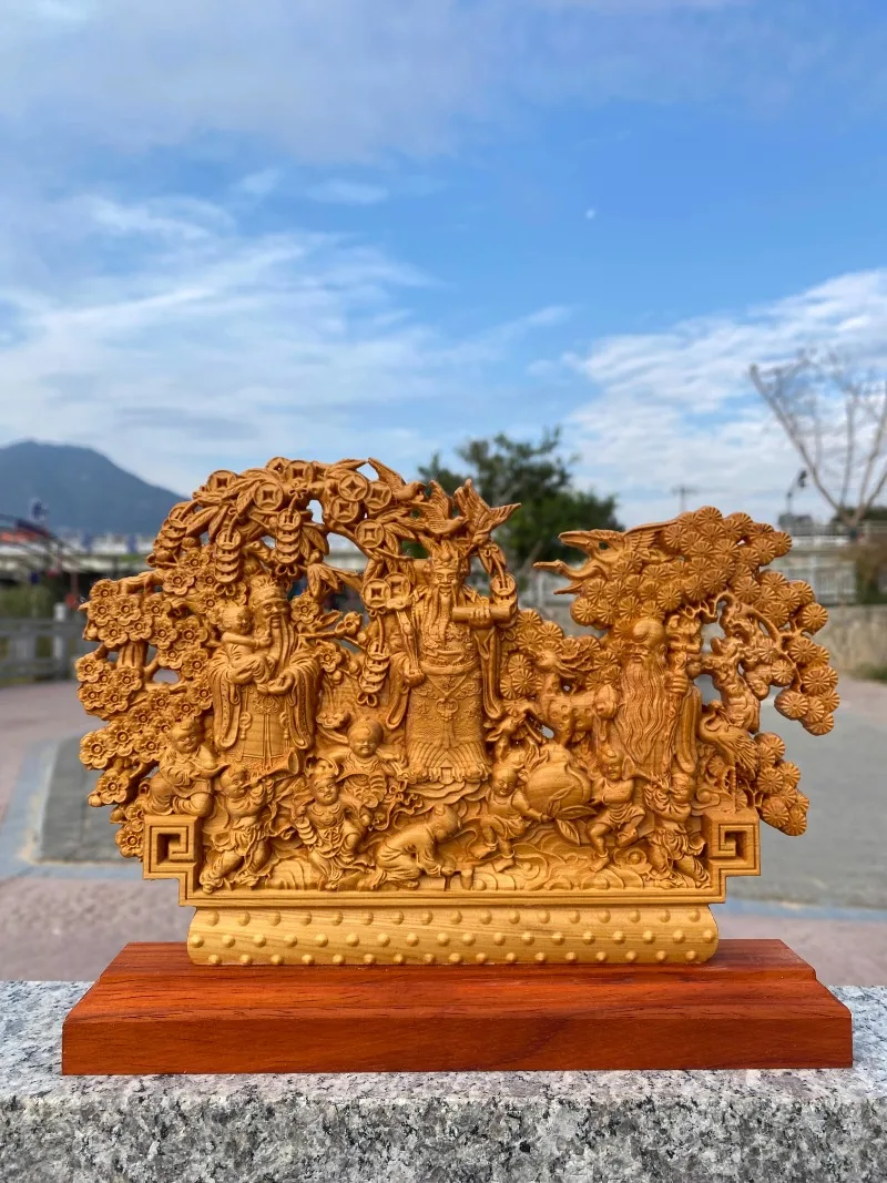 Hand Carved Taihang Cliff Cypress Wood Fu Lu Shou Statue Sculpture Scene - Prosperity Wealth Longevity Ornament Home Living Room