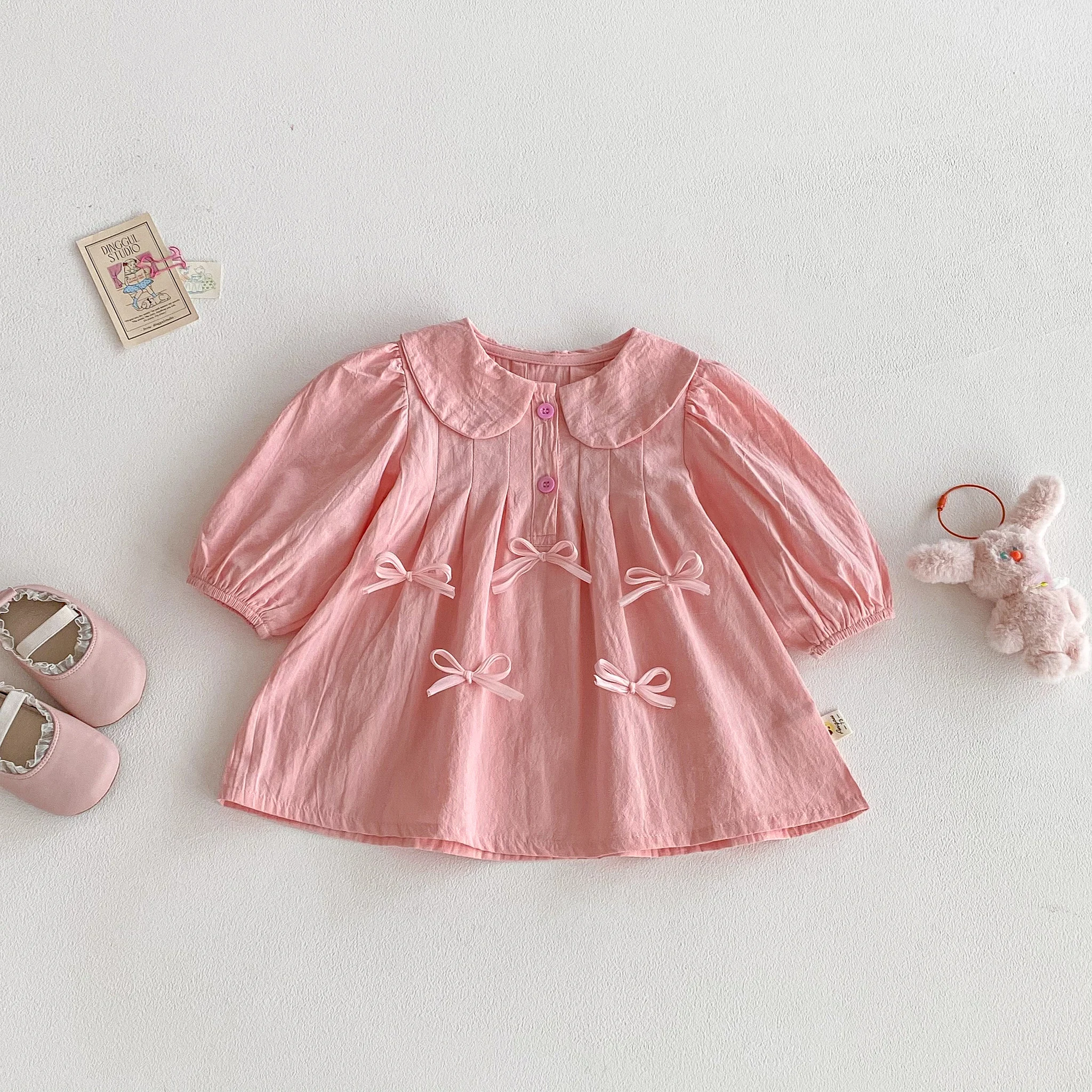 Spring and Fall Girls Long Sleeve Dress with Bow Lapel Sweet Waist Skirt