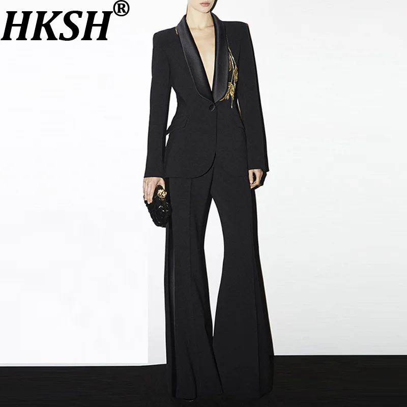 HKSH Women Two-piece Set Beaded Waist Cinching Slim Fit Elegant Luxury Blazer Flare Pants Office Lady Suit Spring Autumn HK11176