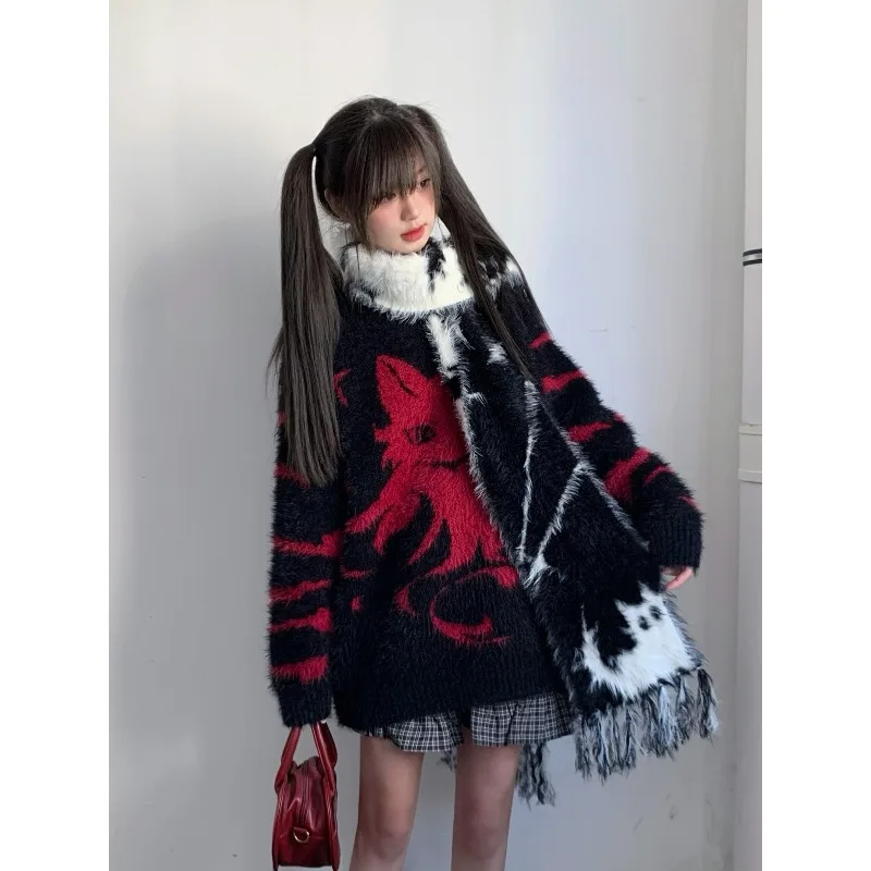 لطيف الكرتون القط وشاح الأصلي رائعتين فو المنك الأوشحة الدافئة الوجهين محبوك طويل Y2K القوطية تأثيري وشاح النساء والرجال