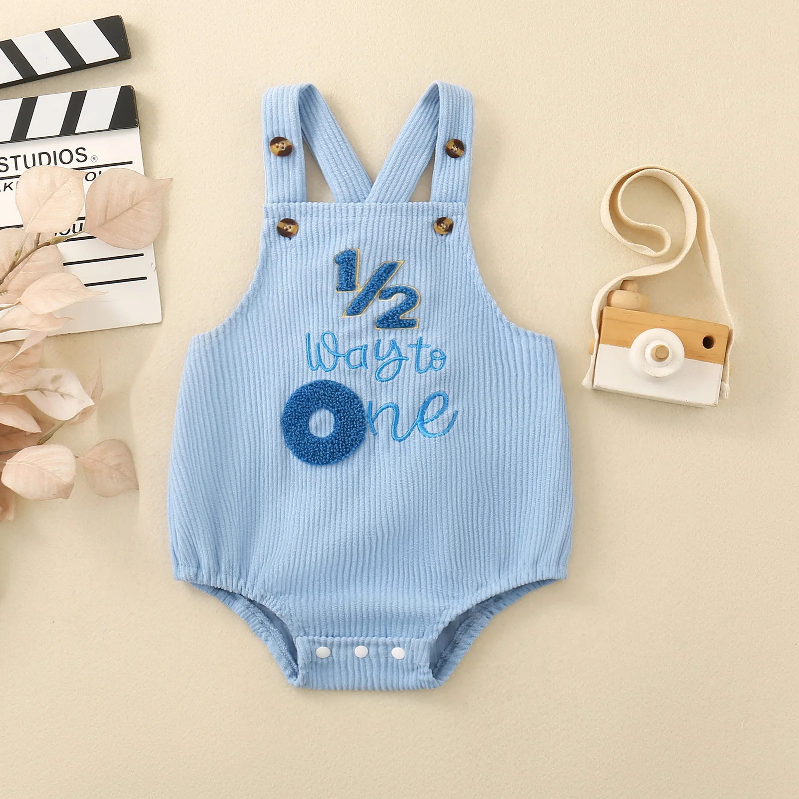 Gender Neutral Half Way To One Baby Overalls Romper Sky Blue Corduroy Embroidery Sleeveless Infant Half Birthday Jumpsuit