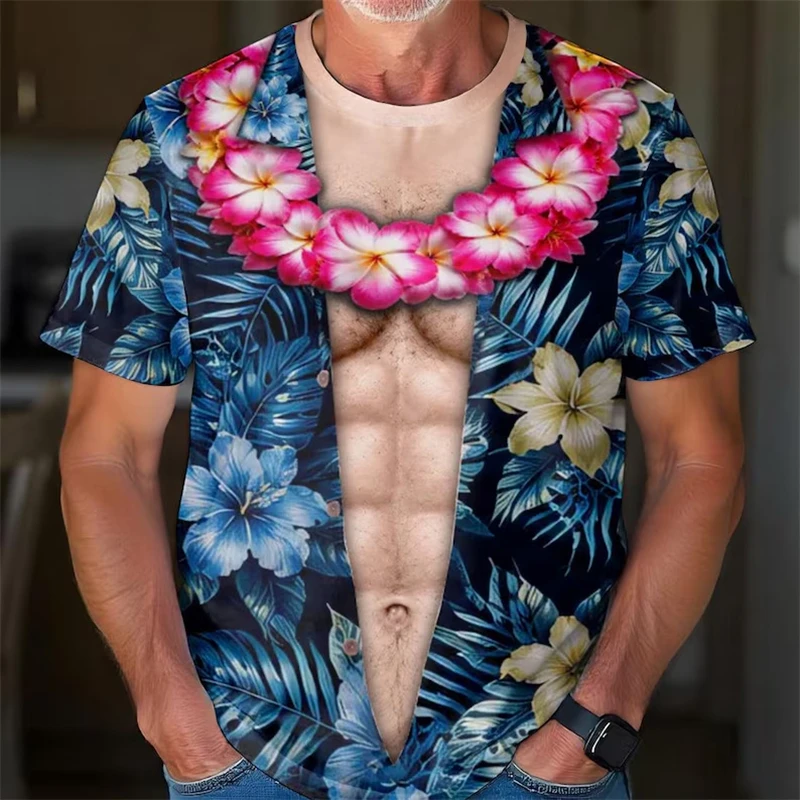Men Cool 3D Muscle Chest Graphic T Shirt Fake Open Shirt Optical Illusion Print Short Sleeve Casual Holiday Beach Pool Tshirt
