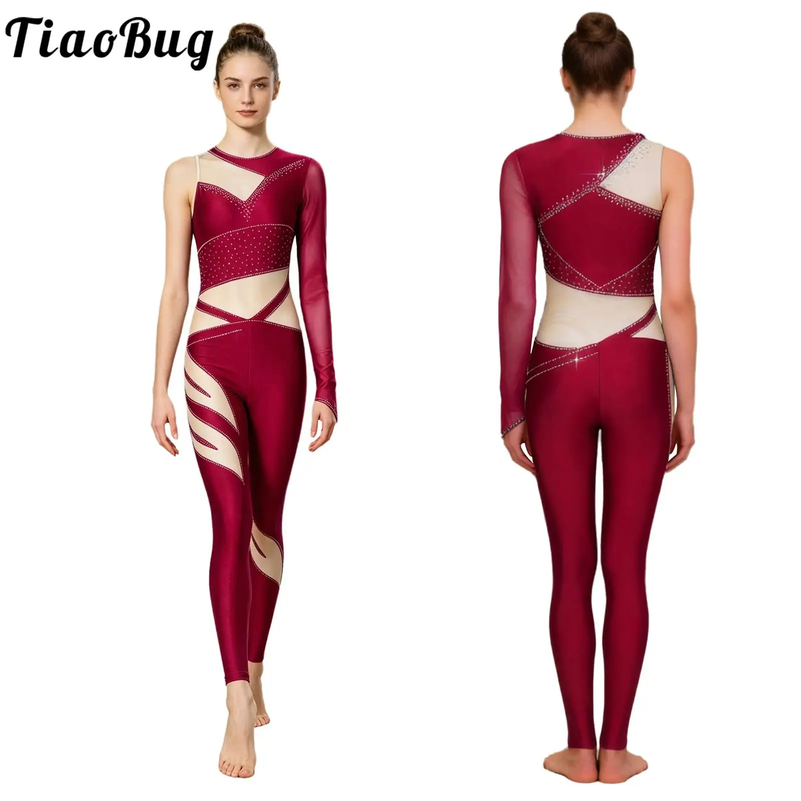 

Женский гимнастический комбинезон для акробатических танцев с стразами, пэчворк, сетчатый ромпер для фигурного катания, балетный костюм для выступлений