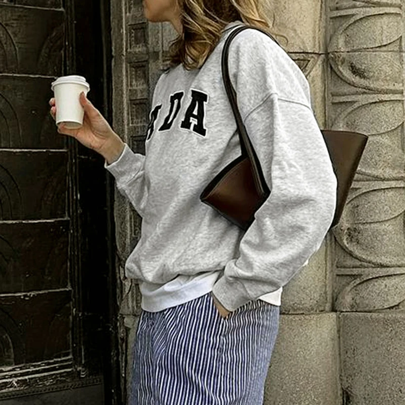 الخريف المرأة هوديي موضة جديدة الشارع الشهير طباعة رمادي طويل الأكمام س الرقبة عادية سليم هوديي سيدة أنيقة تنوعا الملابس