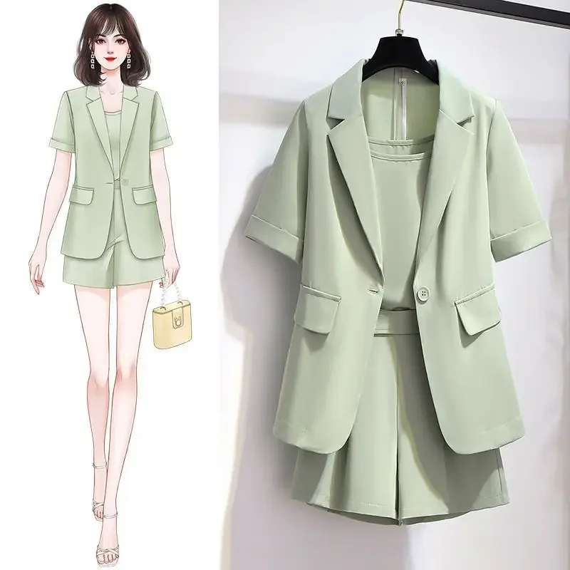 Blazer and Shorts Suit for Woman Office Summer Outfits Korean Style Women's Short Pants Sets Sleeve Clothing Classic Full E528